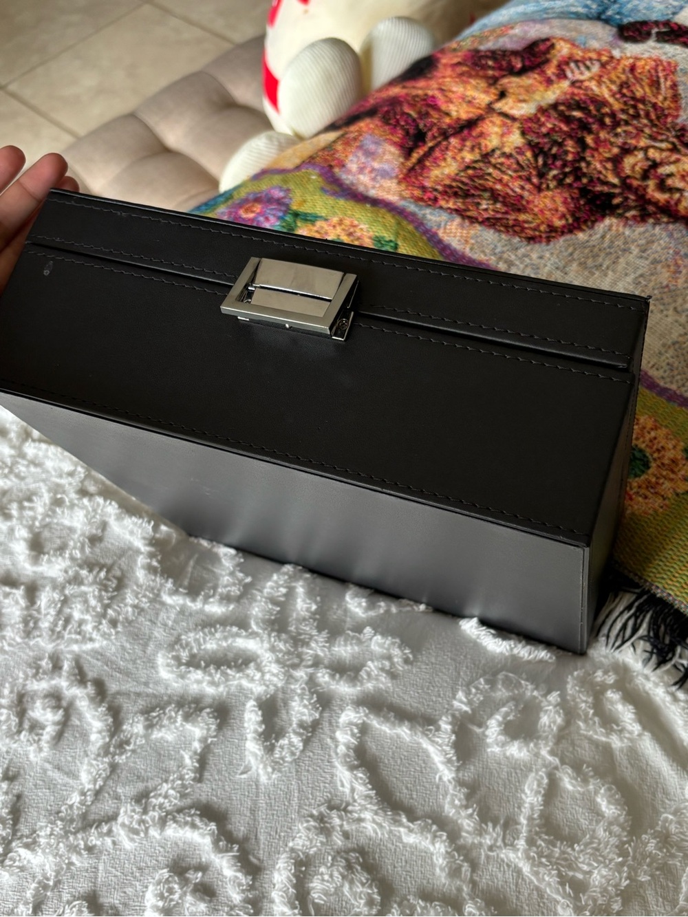 Leather Jewelry Box with Built-In Mirror - Black and Beige - Picture 4 of 4